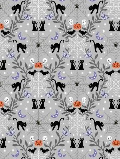 Castle Spooky Fabric | Cobwebs & Cats Light Grey