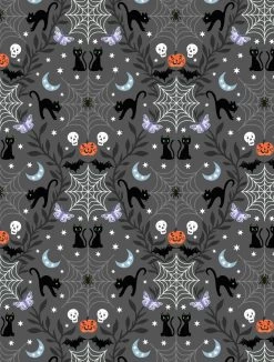Castle Spooky Fabric | Cobwebs & Cats Grey