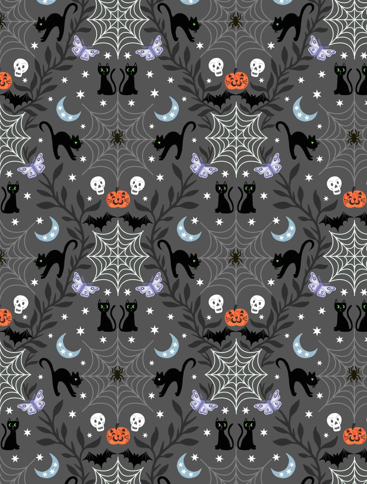 Castle Spooky Fabric | Cobwebs & Cats Grey 3 Castle Spooky Fabric | Cobwebs & Cats Grey
