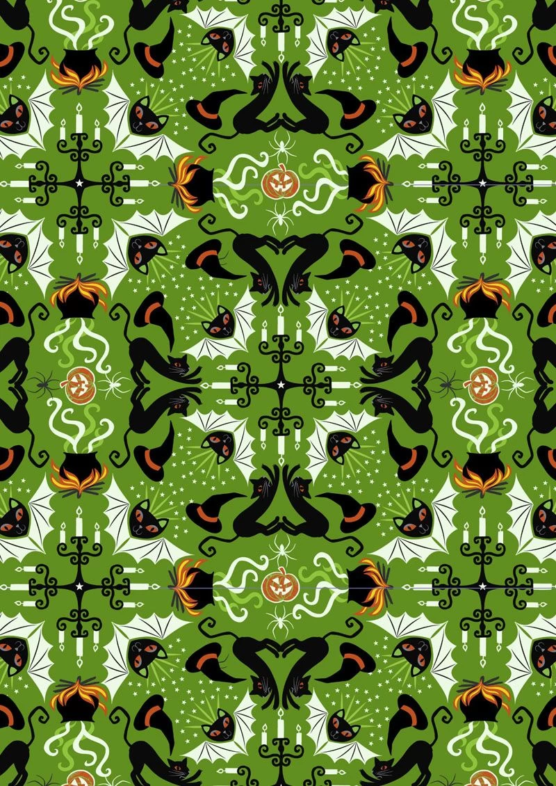 Haunted House Fabric | Glow In The Dark Hats, Cats & Bats Green 4 Haunted House Fabric | Glow In The Dark Hats, Cats & Bats Green - Image 2