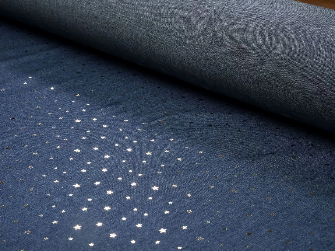 Sparkling Chambray Fabric | Gold Metallic Mini Star On Dark Blue 3 Sparkling Chambray Fabric | Gold Metallic Mini Star On Dark Blue