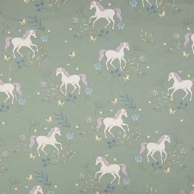 Jersey Cotton Fabric | Delicate Unicorn Dusty Green