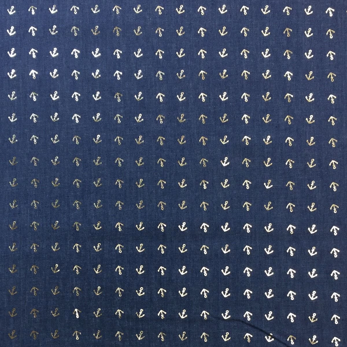 Sparkling Chambray Fabric | Gold Metallic Anchors Dark Blue 5 Sparkling Chambray Fabric | Gold Metallic Anchors Dark Blue - Image 3