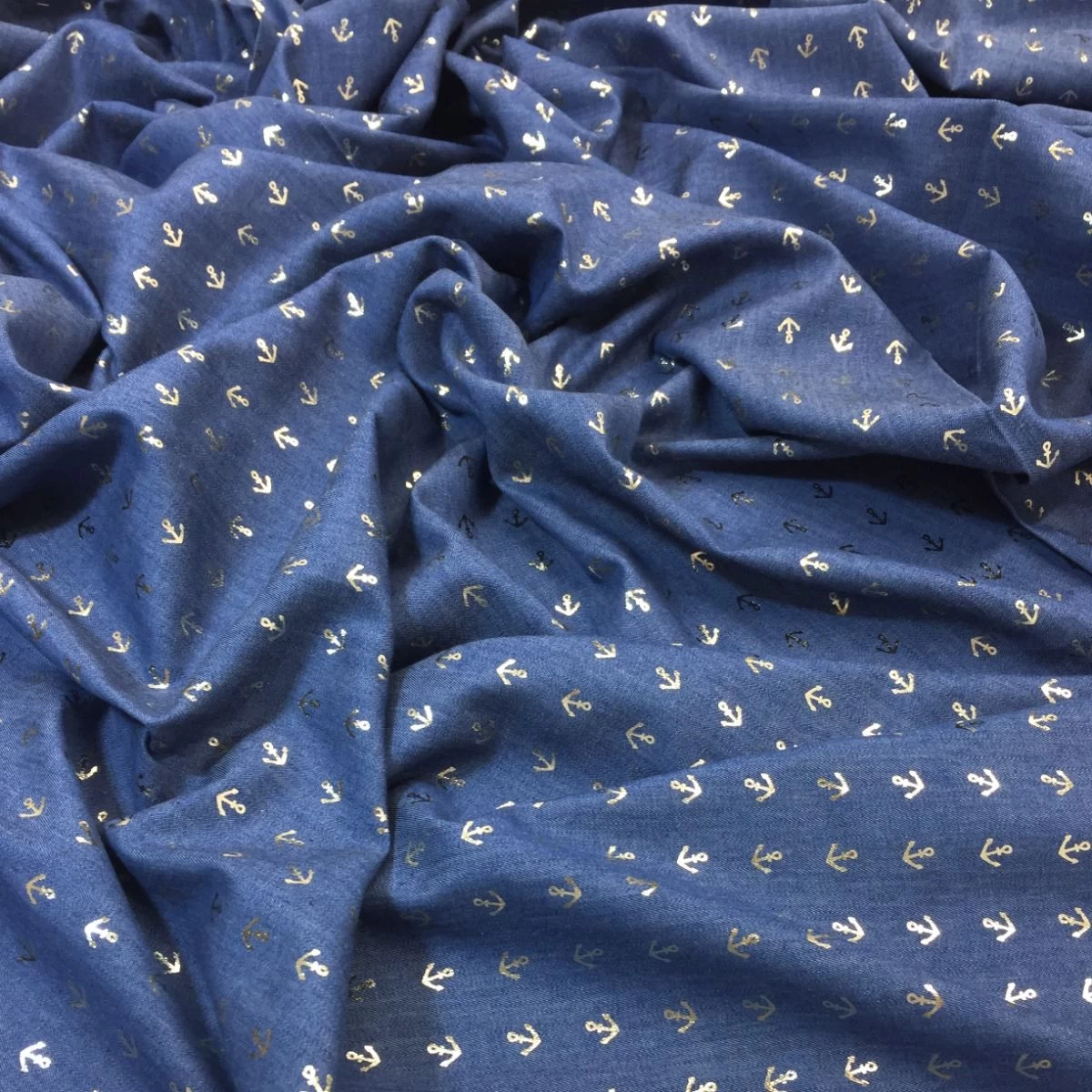 Sparkling Chambray Fabric | Gold Metallic Anchors Dark Blue 4 Sparkling Chambray Fabric | Gold Metallic Anchors Dark Blue - Image 2