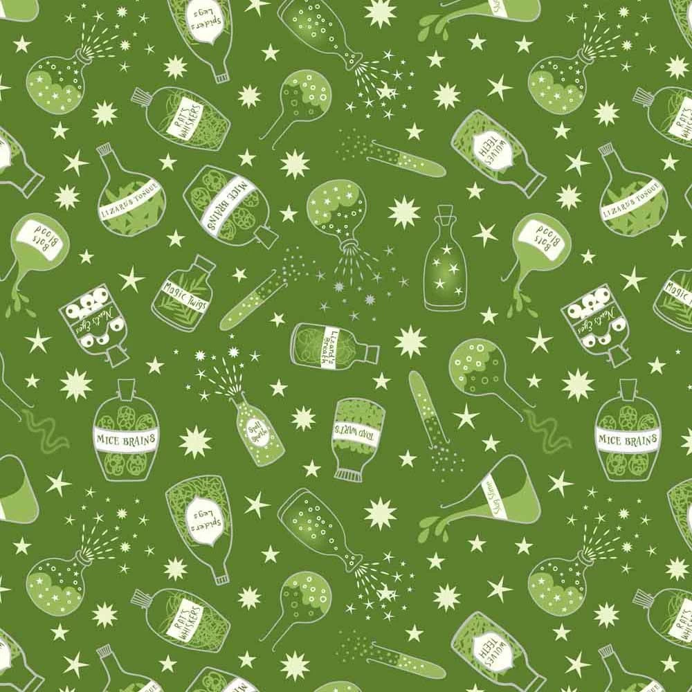 Cast A Spell Lewis & Irene Fabric | Halloween Bottles Green Silver Metallic 3 Cast A Spell Lewis & Irene Fabric | Halloween Bottles Green Silver Metallic