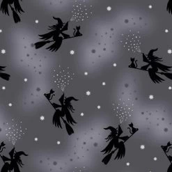 Cast A Spell Lewis & Irene Fabric | Flying Witches Grey Silver Metallic