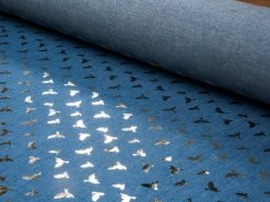 Sparkling Chambray Fabric | Gold Metallic Swallow On Light Blue