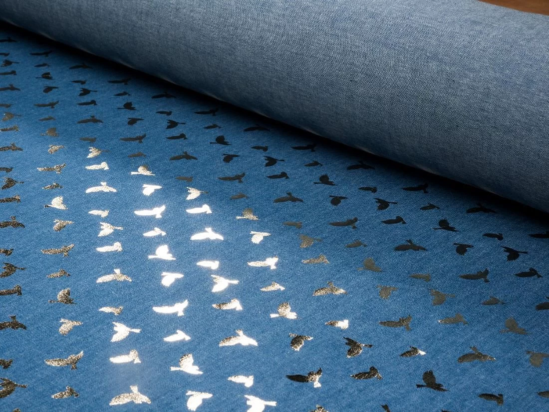 Sparkling Chambray Fabric | Gold Metallic Swallow On Light Blue 3 Sparkling Chambray Fabric | Gold Metallic Swallow On Light Blue